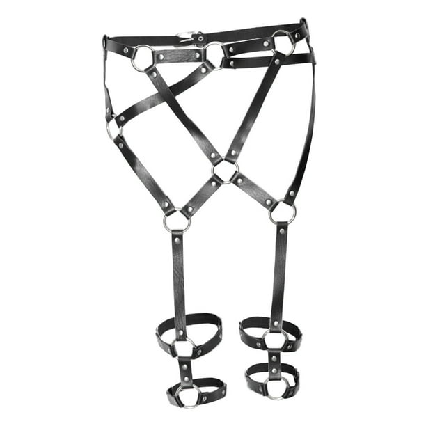 Cinturón de Arnés de material cuero PU Liga de Pierna cinturo Ajustable con Anillos Metal Punk para Mujer 黑色
