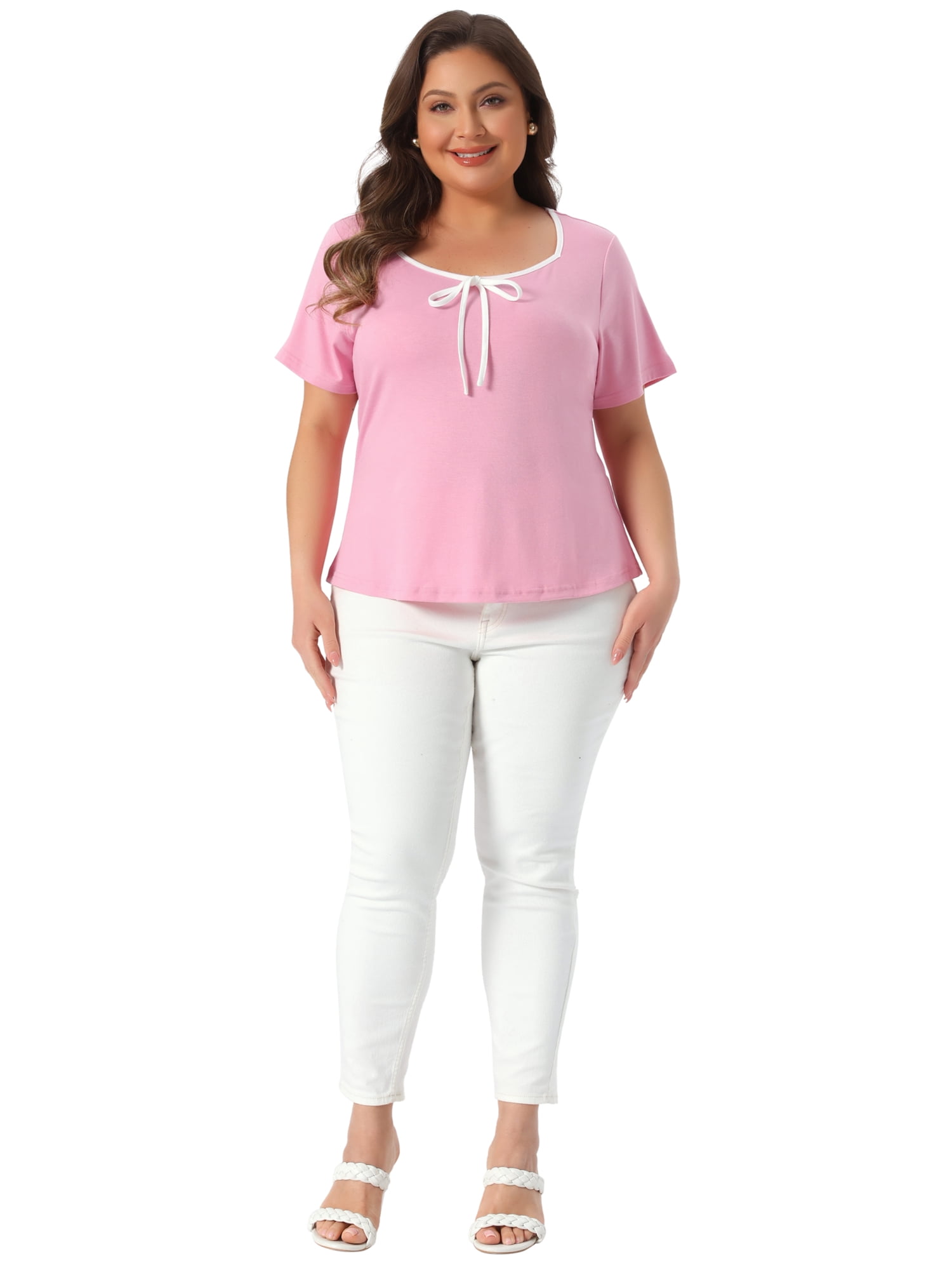 DARING DIVA Women's Plus Blouse Sweetheart Neck Contrast Trim Tie Knot  Tee 4X Pink