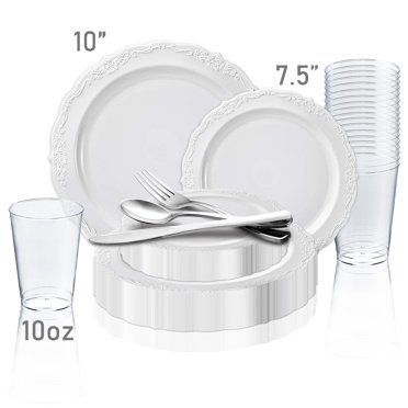 I00000 350Pcs Silver Plastic Dinnerware Set, Plastic Plates Disposable 50 Guests Include 100 Silver Rim Plates 50 Paper Napkins 50 Cups 50 Plastic Sil