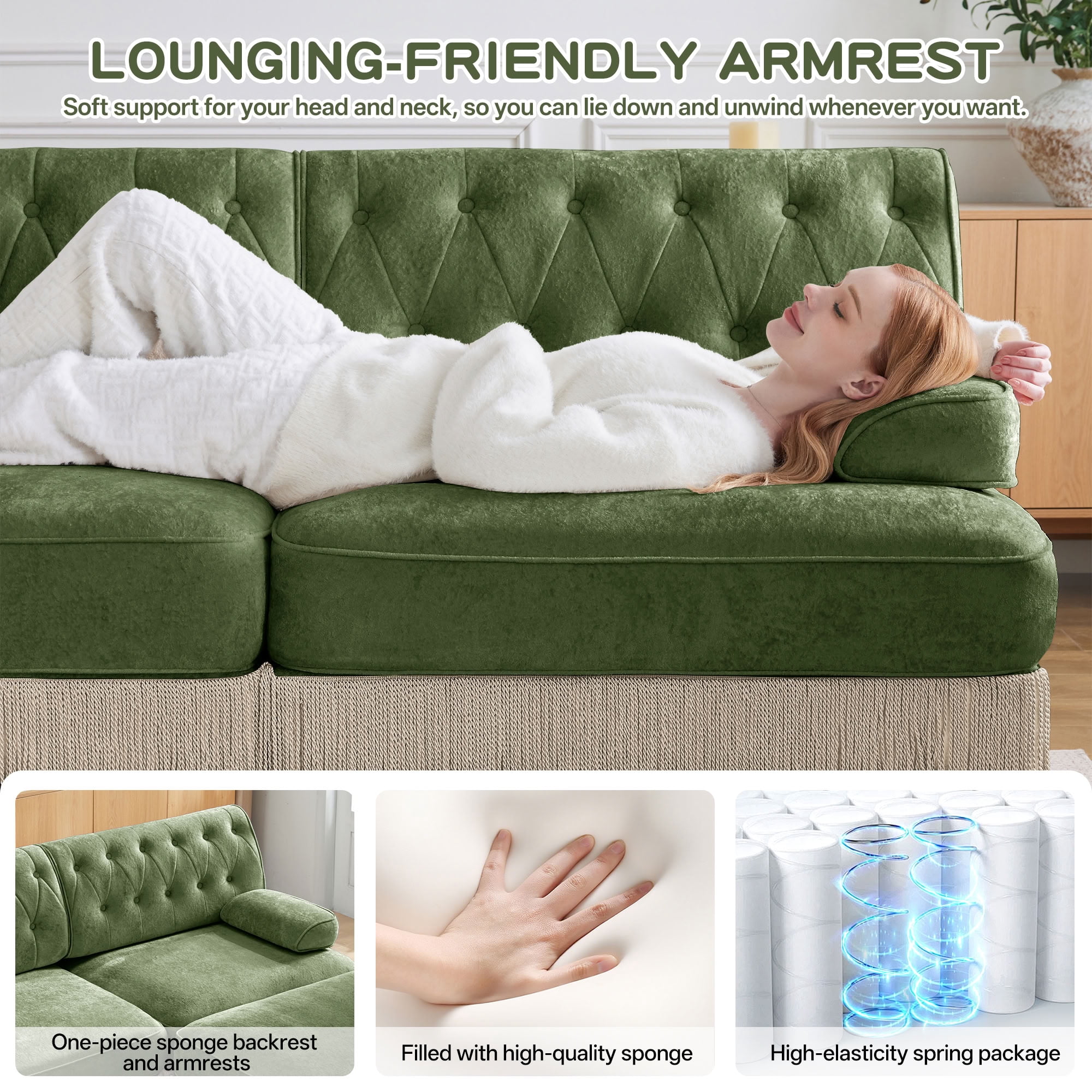 MAYEERTY U-Shape Chesterfield Modular Sofa, Tassel Sectional Couch with Double Ottomans for Living & Bedroom Home Decor