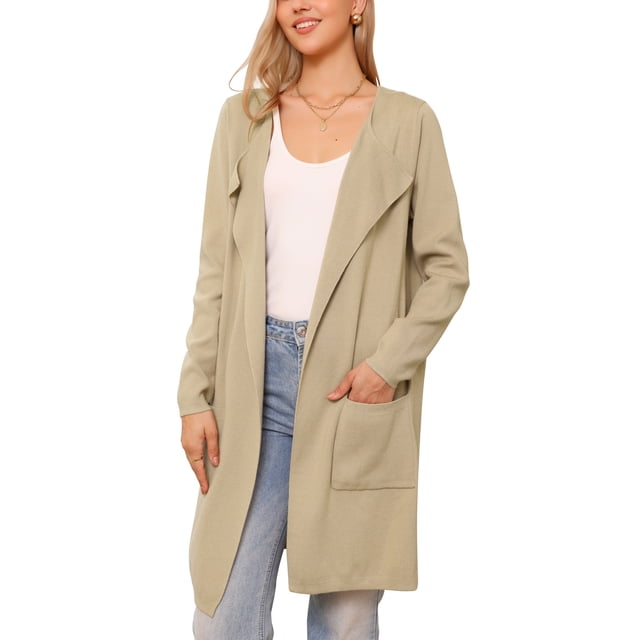 Suéter cárdigan para mujeres, abrigo de otoño, abierto al frente, de manga larga, abrigo de punto medio largo, chaqueta XS color caqui