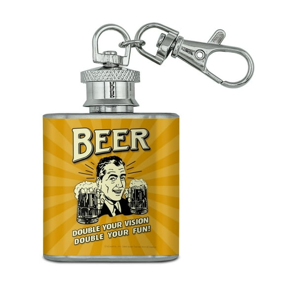 Beer Double Your Vision Fun Funny Humor Stainless Steel 1oz Mini Flask Key Chain