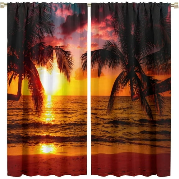 Beach Sunset Kitchen Curtains,Summer Ocean Theme Tropical Hawaii Orange Sunset Ocean Scenery Print Pattern Window Drapes,Palm Tree Dusk Sky Landscape Curtains for Bedroom Living Room 84x84in