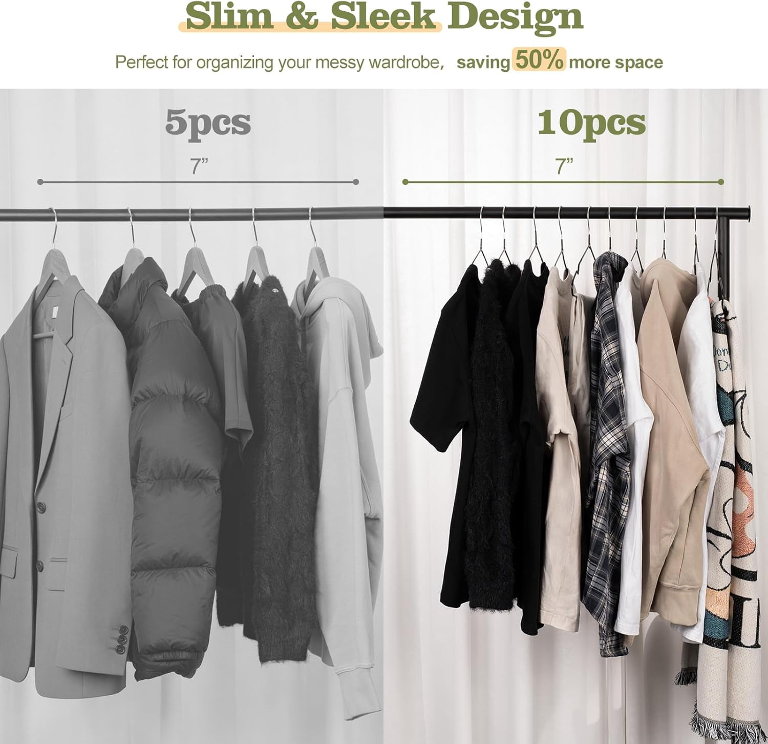 UEAKPIC Rubber Coated Metal Suit Hangers 50 Pack, Space Saving Ultra Thin Design for Strap Dress, Camisole, Pants, Coats, Black