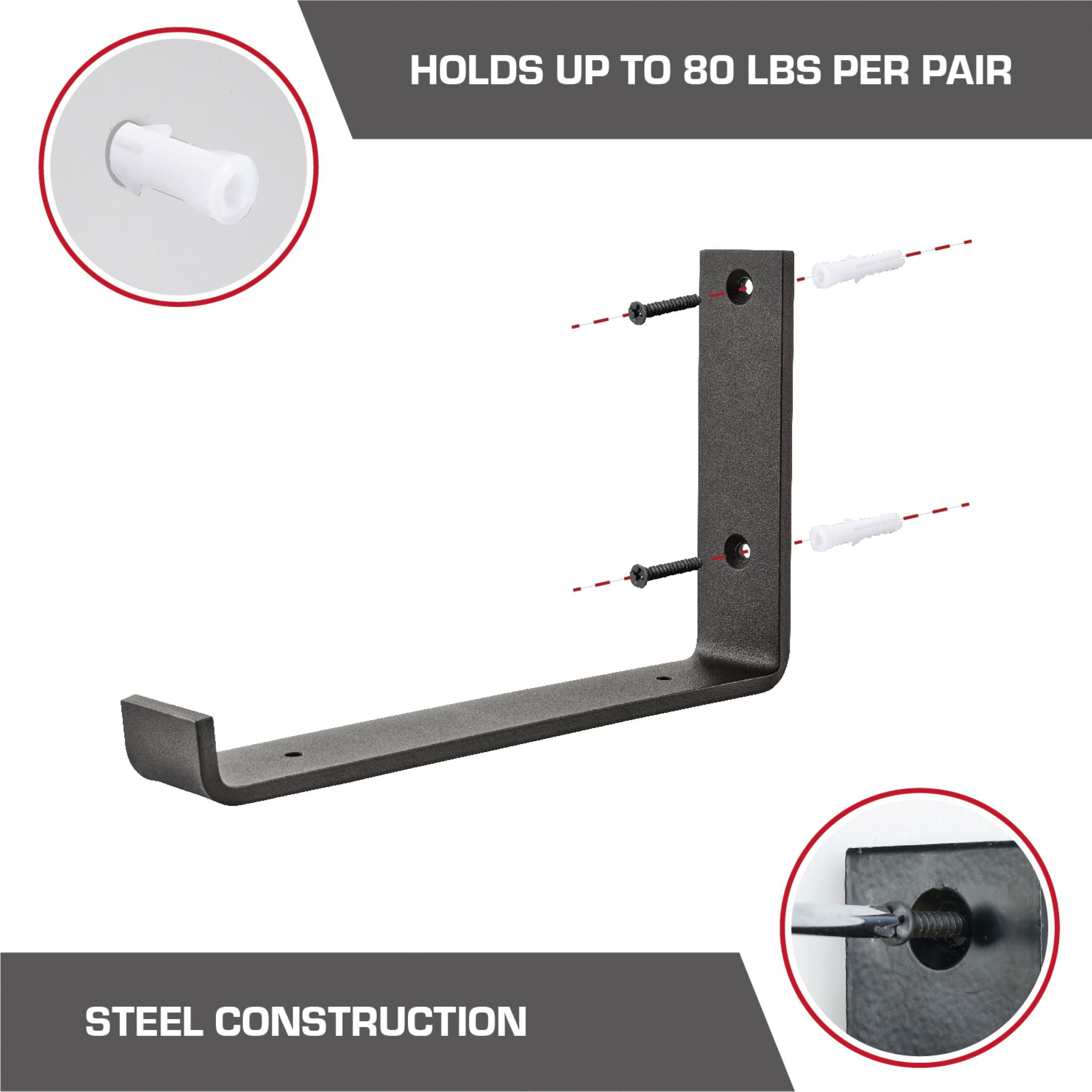 Hyper Tough L-Shape Shelf Bracket, Black, 2-Pack