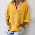 thumbnail image 2 of JINMGG Clearance Womens Tops,Women's Fashion Solid Color Tops Long Sleeved Loose Cotton and Linen Loose Shirt Blouse V-Neck Casual Tops,Yellow M, 2 of 7