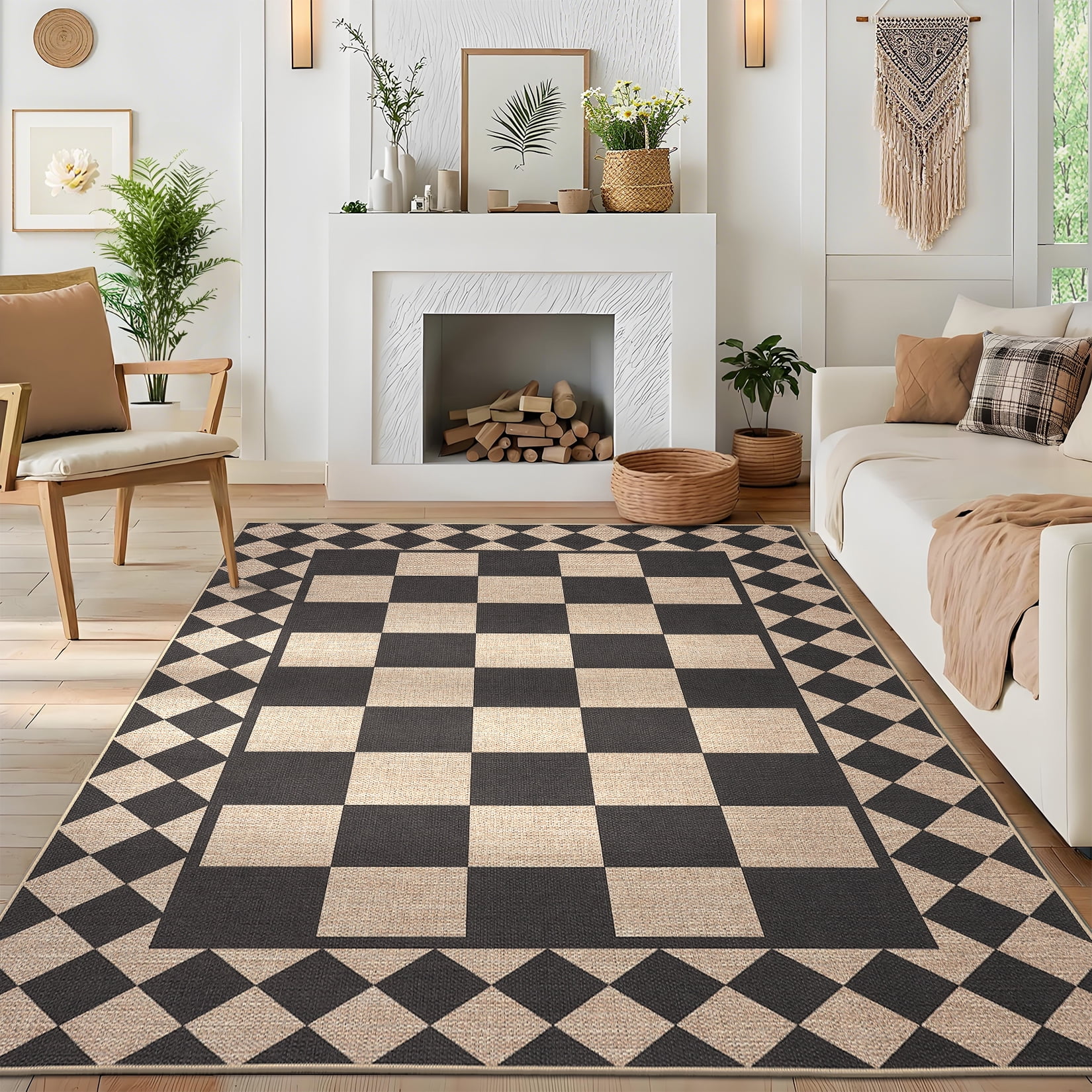 Hasoo Easy Jute Area Rug 9x12 Washable Rug for Living Room Bedroom Checkered Indoor Outdoor Geometric Carpet for Backyard, Yellow/Black