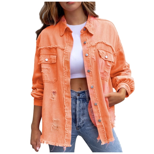 Pompotops Veste en Denim Ample Décontractée à Boutons à Manches Longues pour Femmes avec Franges et Trous Liquidation