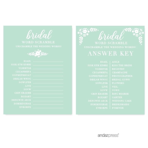 Koyal Wholesale Floral Mint Green Bridal Shower Word Scramble Game Cards, 20-Pack