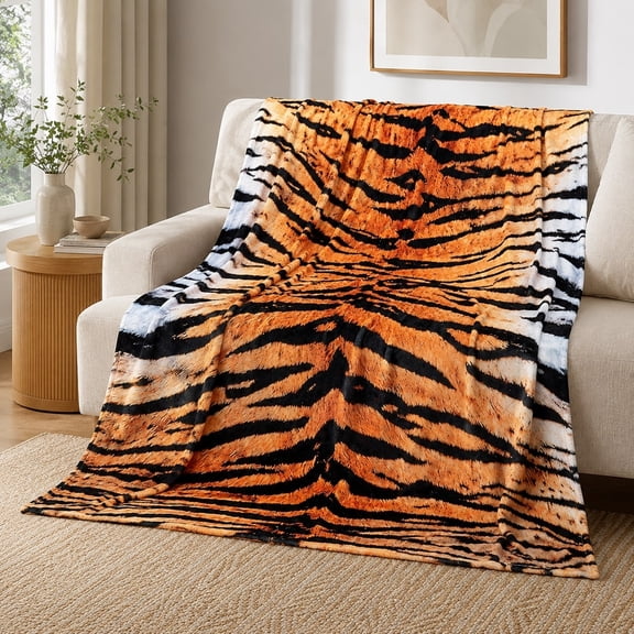 Tiger Stripe Fleece Throw Blanket, Soft 280 GSM Polyester, Animal Lover Decor