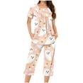thumbnail image 3 of SwiftWear Halloween Pajamas Women 2 Piece Lounge Set Pumpkin Cobweb Cute Ghost Homewear Short Sleeve Henley Top Capris Set, Pink L, 3 of 6