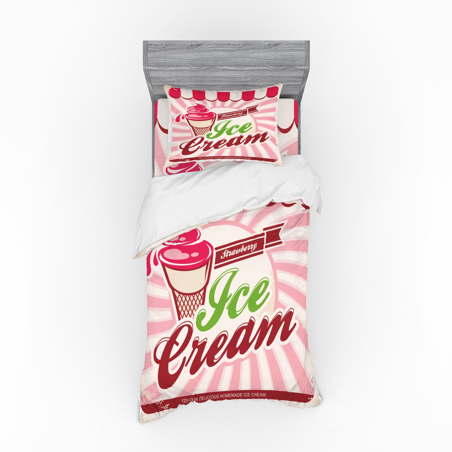 Ice Cream Duvet Cover Set, Retro Style Strawberry Ice Cream Logo in