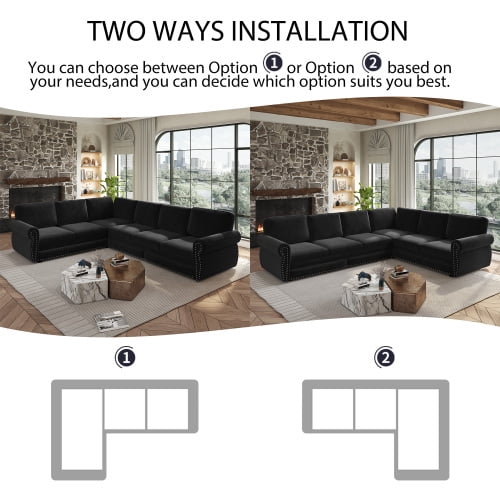 118" L-Shaped Sectional Sleeper Sofa with King Size Pull-Out Bed, Chenille Upholstered, Nailhead Trim & Rolled Arms, Black