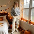 thumbnail image 4 of Hearthz Thanksgiving Fleece Pajama Fall Maple Leaf Print Wide Leg Women's Pajama Bottoms Elastic Drawstring High Waist Sleeping Pants Women Flannel Pj Pants, 4 of 6