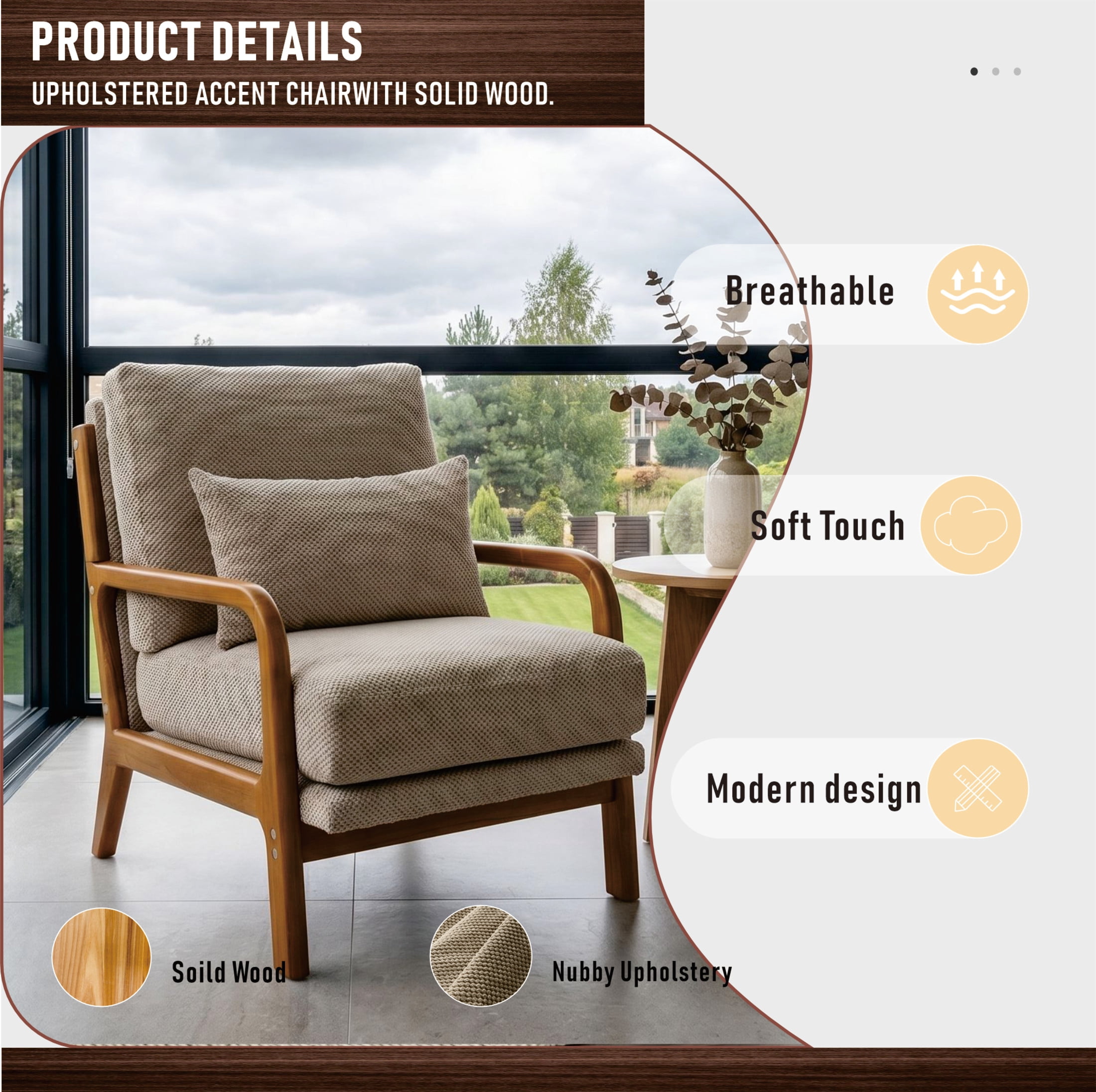 Noble House Mid-Century Modern Lounge Chair, Upholstered Accent Armchair with Solid Wood Frame, Camel