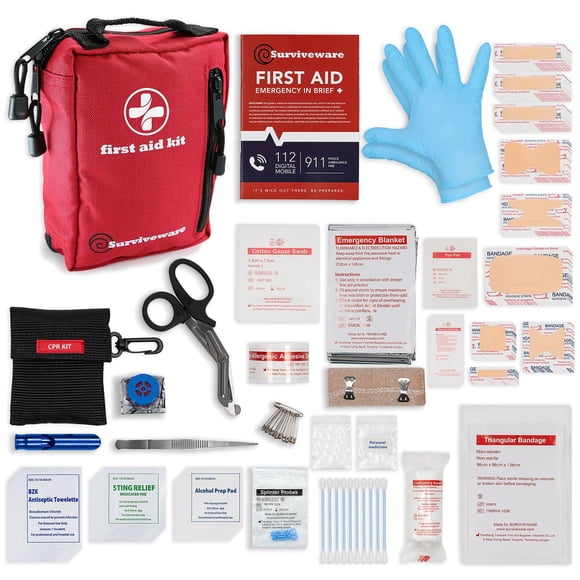 Surviveware Kit completo de primeros auxilios de supervivencia de 98 piezas, kit de emergencia médica para equipo de viaje, camping, artículos esenciales para el hogar y emergencias al aire libre, kit