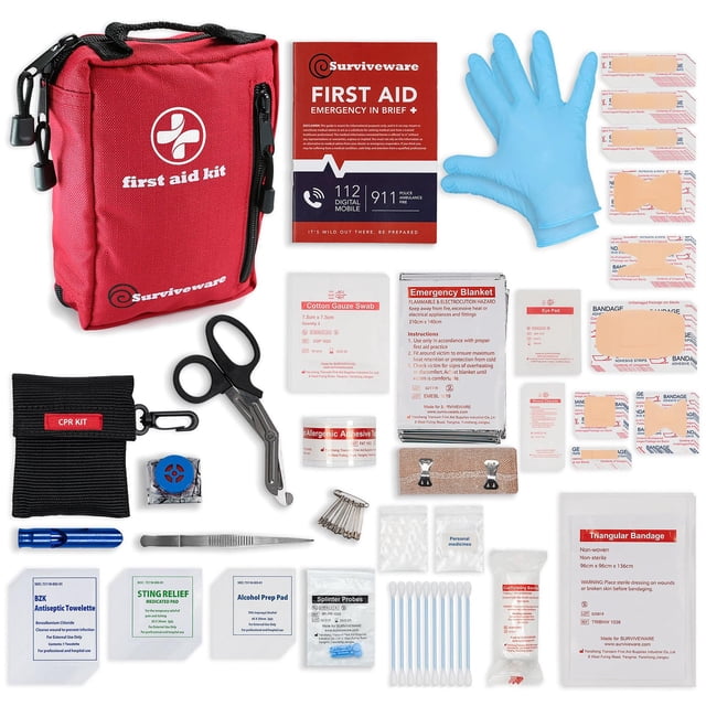 Surviveware Kit completo de primeros auxilios de supervivencia de 98 piezas, kit de emergencia médica para equipo de viaje, camping, artículos esenciales para el hogar y emergencias al aire libre, kit