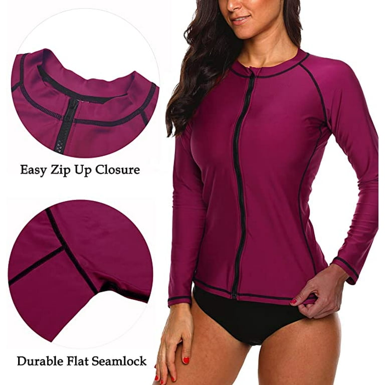 Charmo Women's Zip Front Long Sleeve Rash Guard Top Sun Protection Swim  Shirt