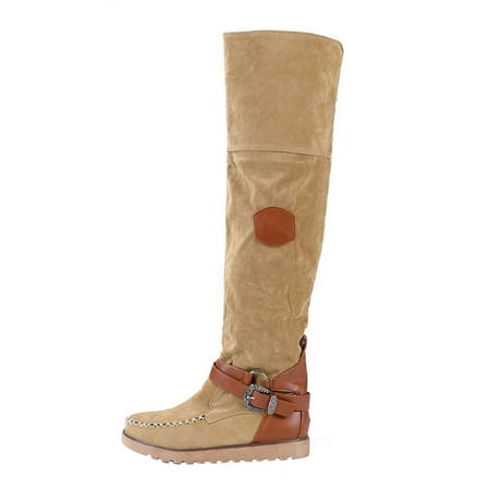 

Tepsmf Thigh High Boots Round Toe Fashion Women s Boots Casual Belt Buckle Low Heel Flat Boots