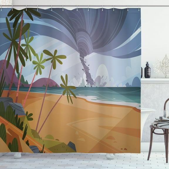 Tornado Shower Curtain, Hurricane in Ocean Beach Cartoon Tropical Island with Exotic Palm Trees Landscape, Fabric Bathroom Set with Hooks, 69W X 75L Inches Long, Multicolor, by Ambesonne