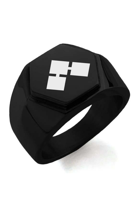 Stainless Steel Saito II Samurai Crest Engraved Hexagon Crest Flat Top Biker Style Polished Ring