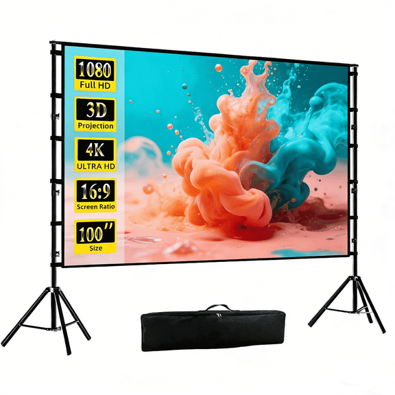 HVKDIEB 100 inch Projector Screen with Stand,16:9 4K 3D Indoor Outdoor Movie Screen,Wrinkle Resistant,Suitable for Home Theater Movies Night