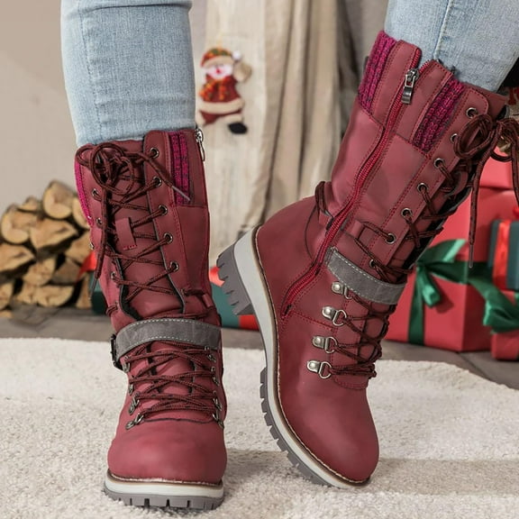 Women's Winter Warm Mid-Calf Snow Boots Lace-up Gothic Side Zipper Punk Buckle Booties Vintage Round Toe Low Heel Combat Riding Boots (Red,38)