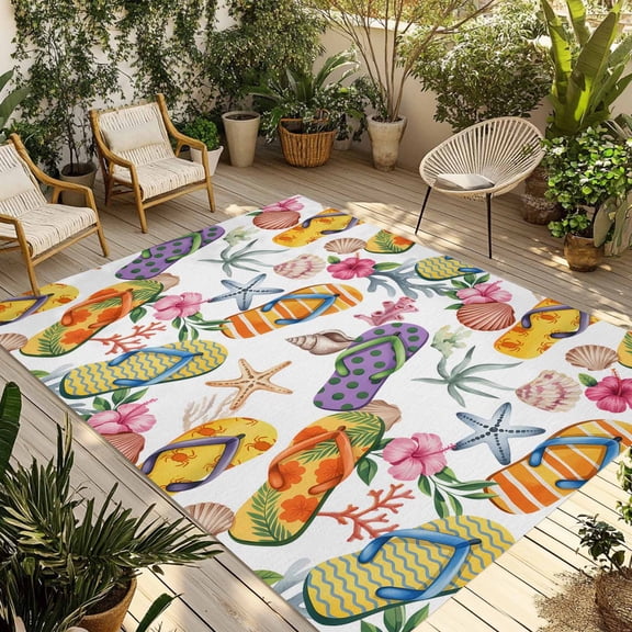 Nautical Coastal Outdoor Rug for Patio/Deck/Porch, Non-Slip Large Area Rug 5 x 7 Ft, Watercolor Ocean Slippers Starfish Coral Shell Indoor Outdoor Rugs Washable Area Rugs, Camping Rug Carpet Runner