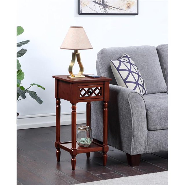 French Country Table d'Appoint de Luxe Khloe à un Tiroir avec Tablette en Bois d'Acajou