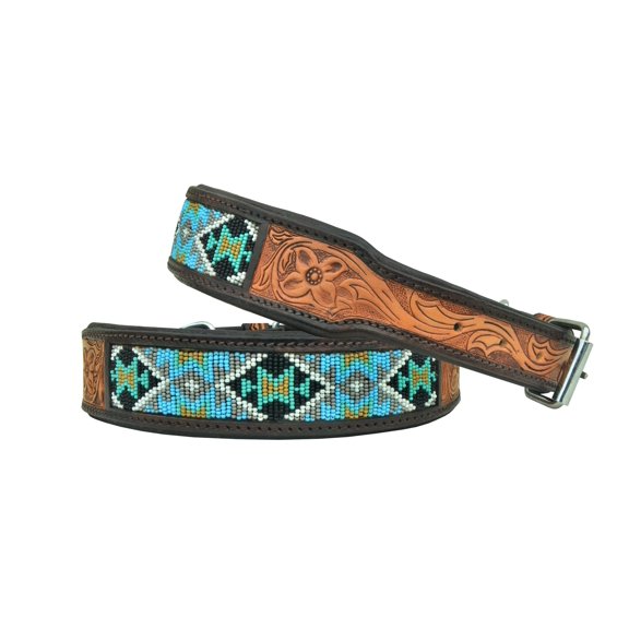 Leather Dog Collar Small Size Western Style Heavy Duty Hand Tooled Adjustable Beaded and Padded Soft for Puppies and Big Dogs 10AB026 -S