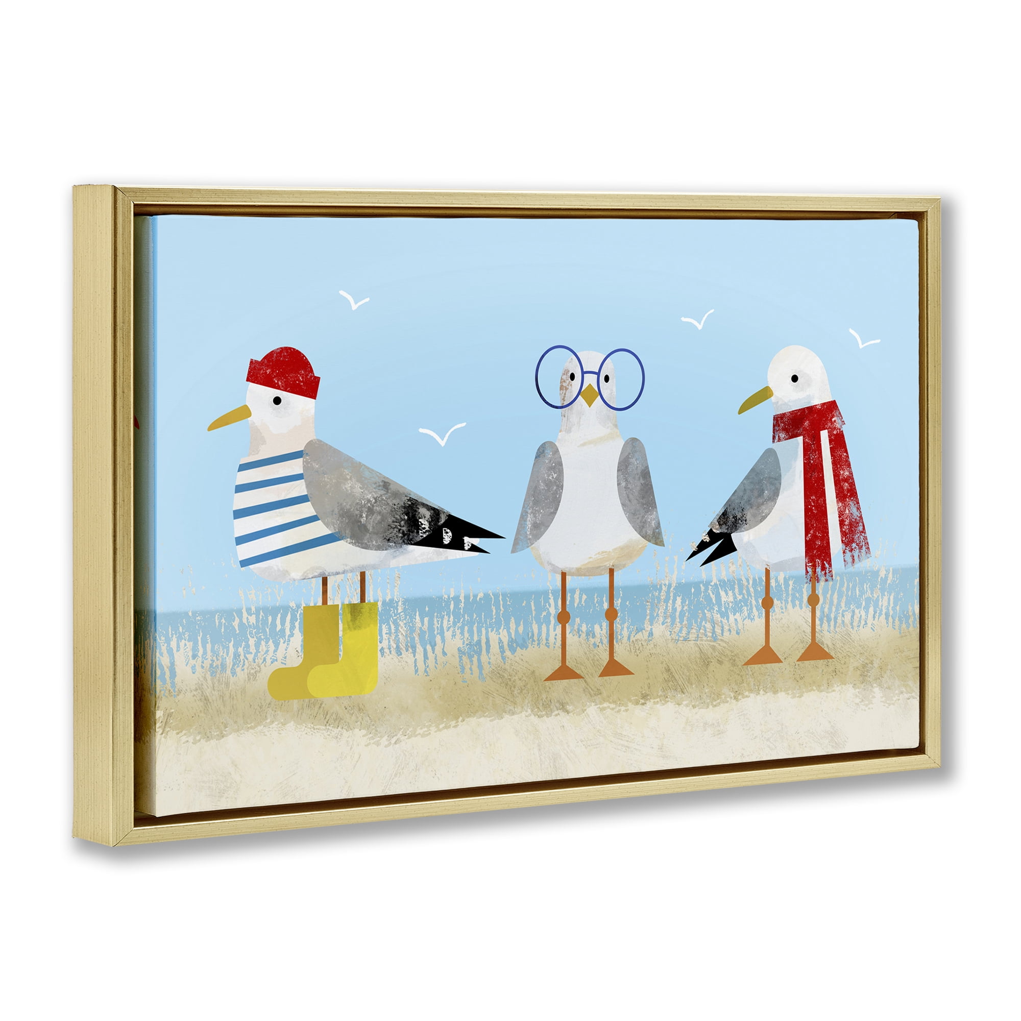 Stupell Industries Seagulls in Winter Clothes Animals Painting Gold Floater Framed Canvas Art Print Wall Art, 25 x 17