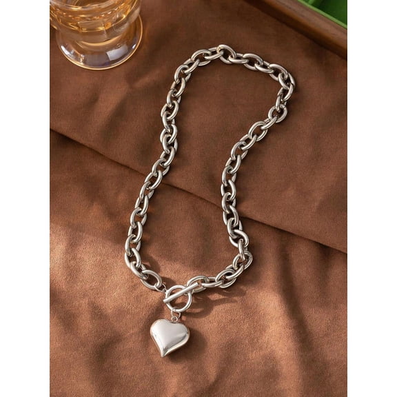 Silver Heart Pendant Chunky Link Chain Necklace For Women
