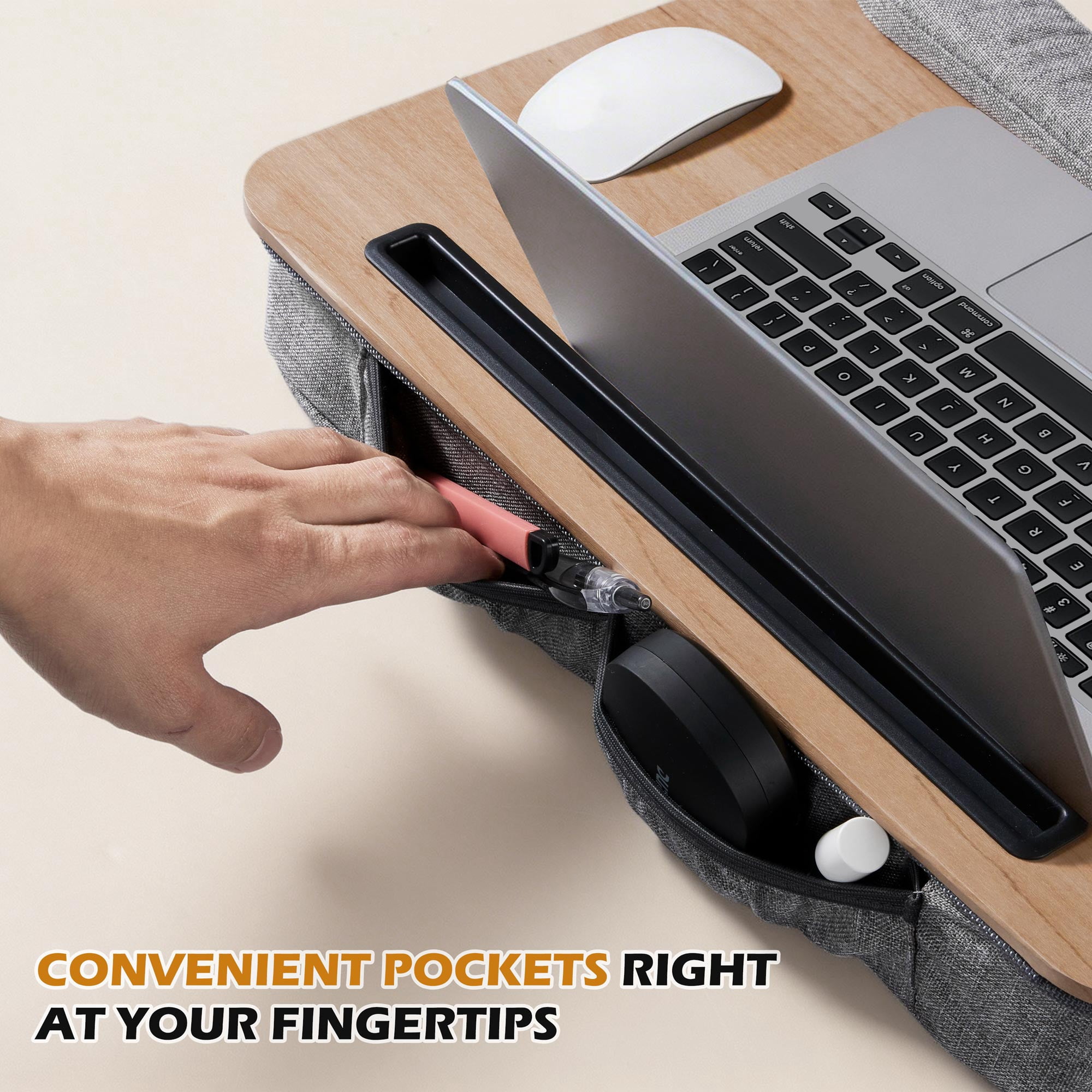 Coliware Lap Desk with Pillow Cushion, Portable Laptop Desk with Anti-Slip Strip Wrist Rest & Storage Function Fits Up to 15.6” Laptops, Laptop Stand for Home Office, Wood Grain Book Tablet