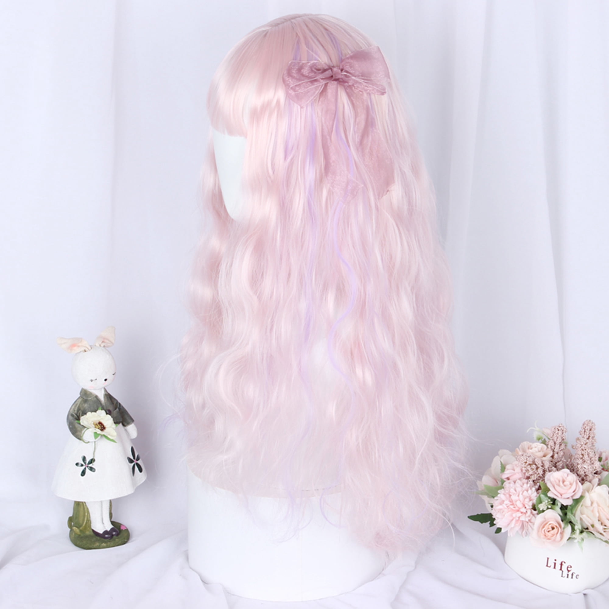 Unique Bargains Human Hair Wigs for Lady 26" Pink Curly Wig with Wig Cap 21.5"- 22.5"