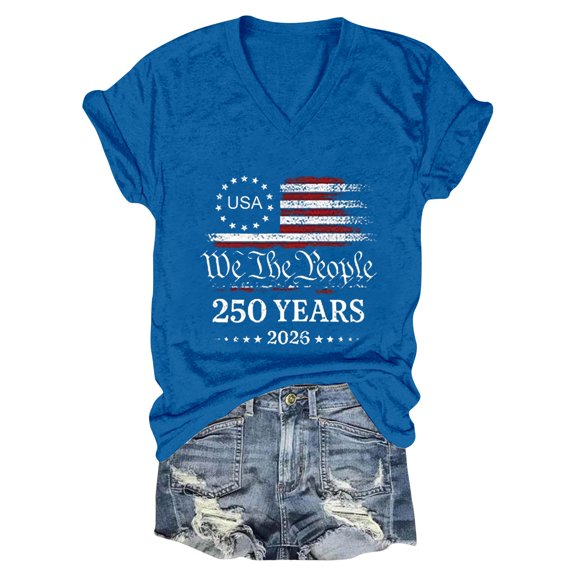 Womens Shirts Usa 250Th Anniversary V Neck American Flag Graphic Tee Summer Shirts for Women Blue L