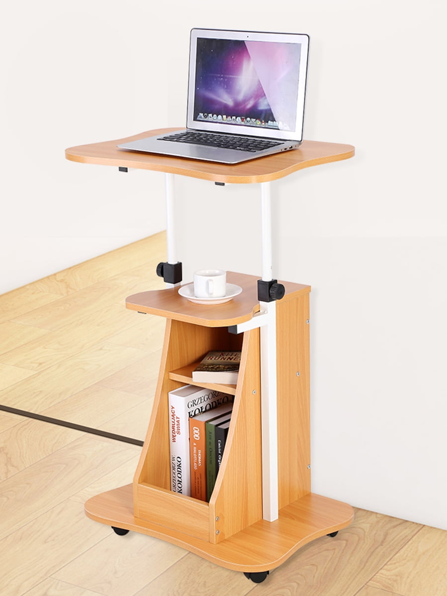 Height Adjule Standing Computer Desk Laptop Cart Notebook Table Storage Compartment With Wheel Wood Color
