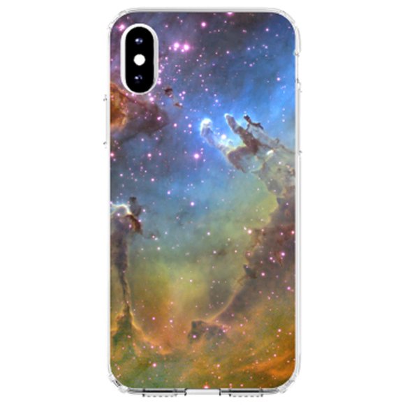 DistinctInk Clear Shockproof Hybrid Case for iPhone XS Max (6.5" Screen) - TPU Bumper, Acrylic Back, Tempered Glass Screen Protector - Eagle Nebula Orange Blue - Show Your Love of Astronomy