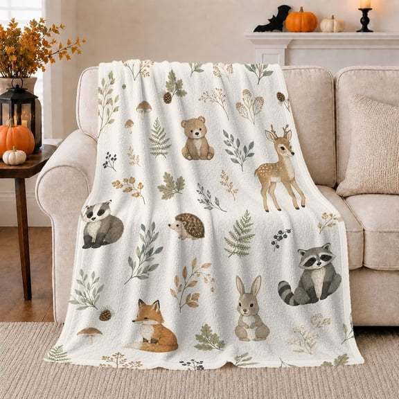 Woodland Animals with Ferns and Leaves, Calm Cottagecore Style for Wildlife Lovers, Gentle Forest Nursery Scene and Baby Shower Gift, Soft Flannel Blanket for Nursery and Playroom, Home Decor