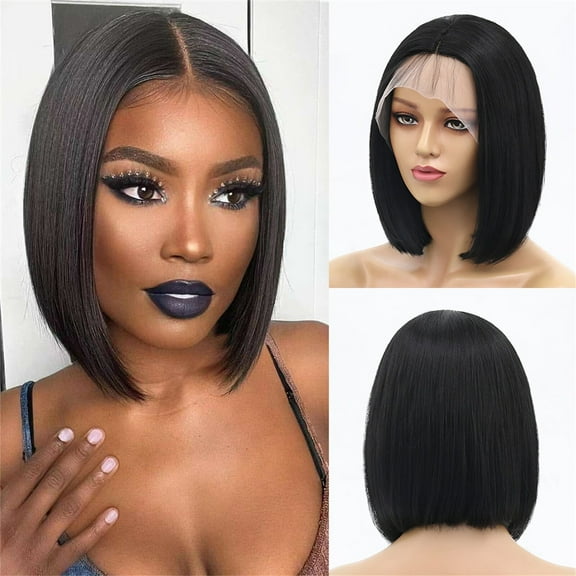 DOPI Front Lace Wig, Front Lace Fiber Wig, Black Female Wig, Cosplay Short Straight Wave Wig, Natural Hair 12 Inches