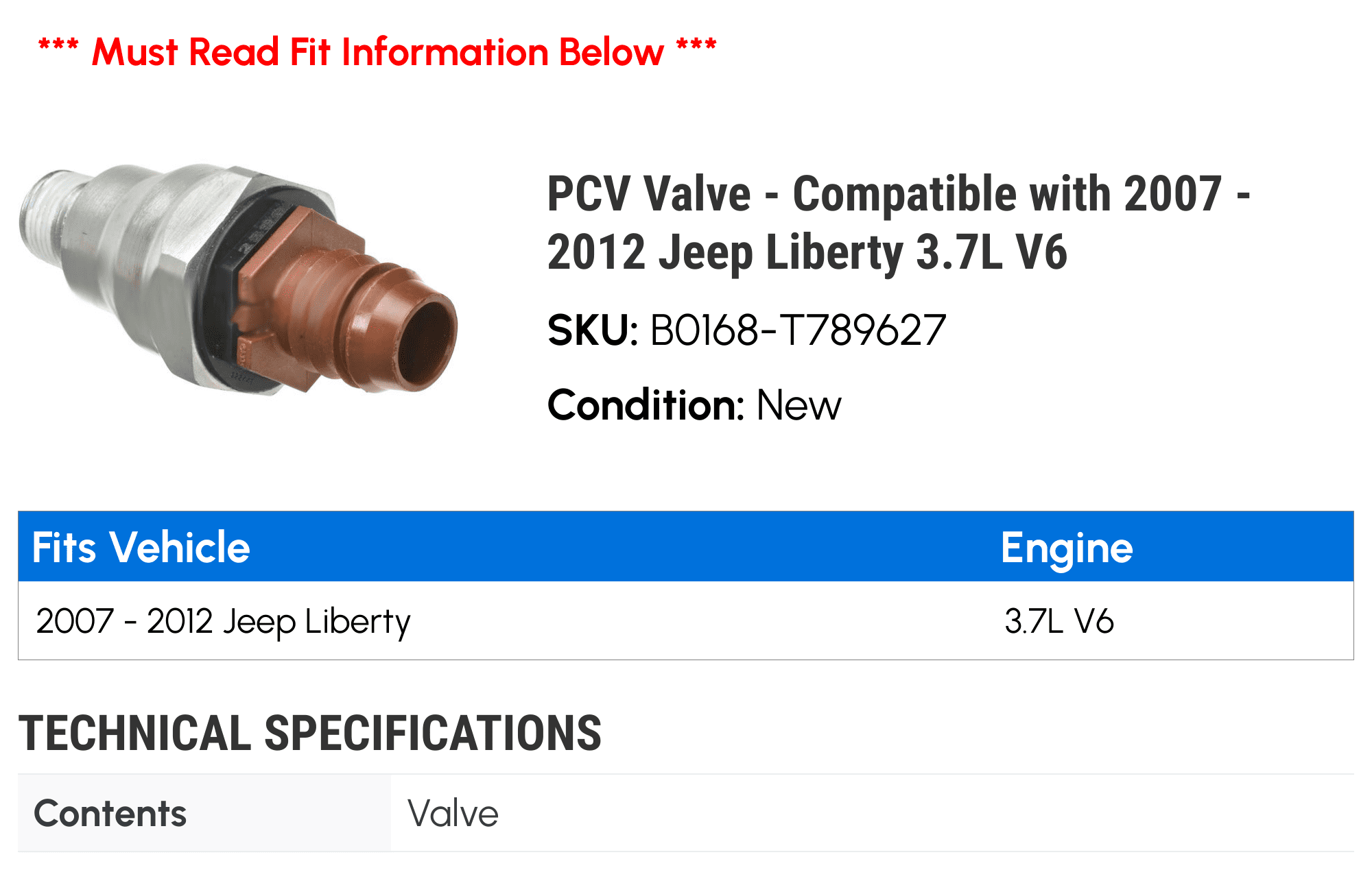 PCV Valve - Compatible with 2007 - 2012 Jeep Liberty 3.7L V6 2008 2009 2010 2011