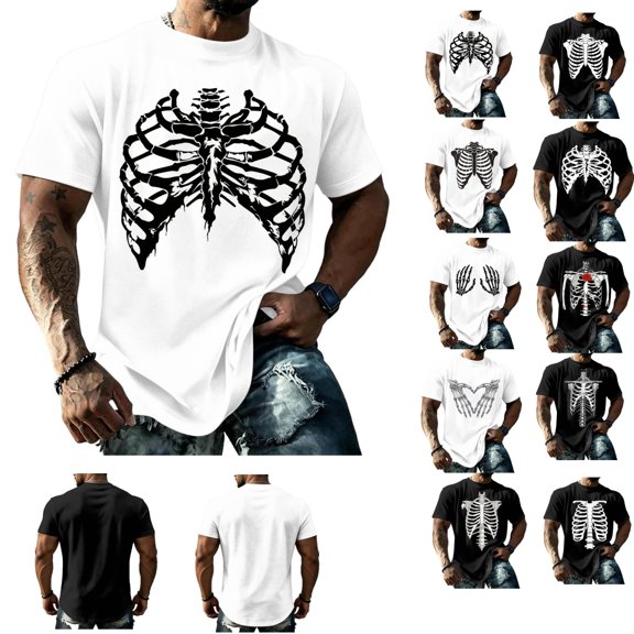 Clossjun Mens Halloween T Shirts Skeleton Chest Print Crew Neck Shirts Short Sleeve Fun Blouses Fashion Party Fit Tops For Halloween Black L
