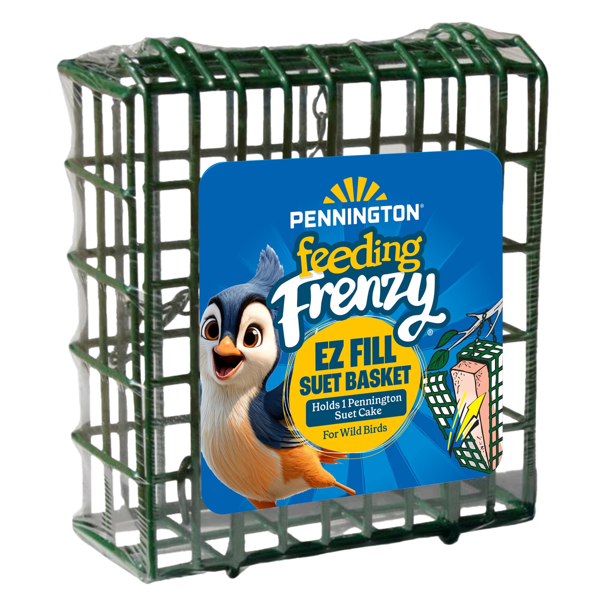 Pennington Feeding Frenzy EZFILL Suet Basket Bird Feeder for Suet Cakes for Wild Birds, Green, 2 x 5.25 x 5.25 Inches