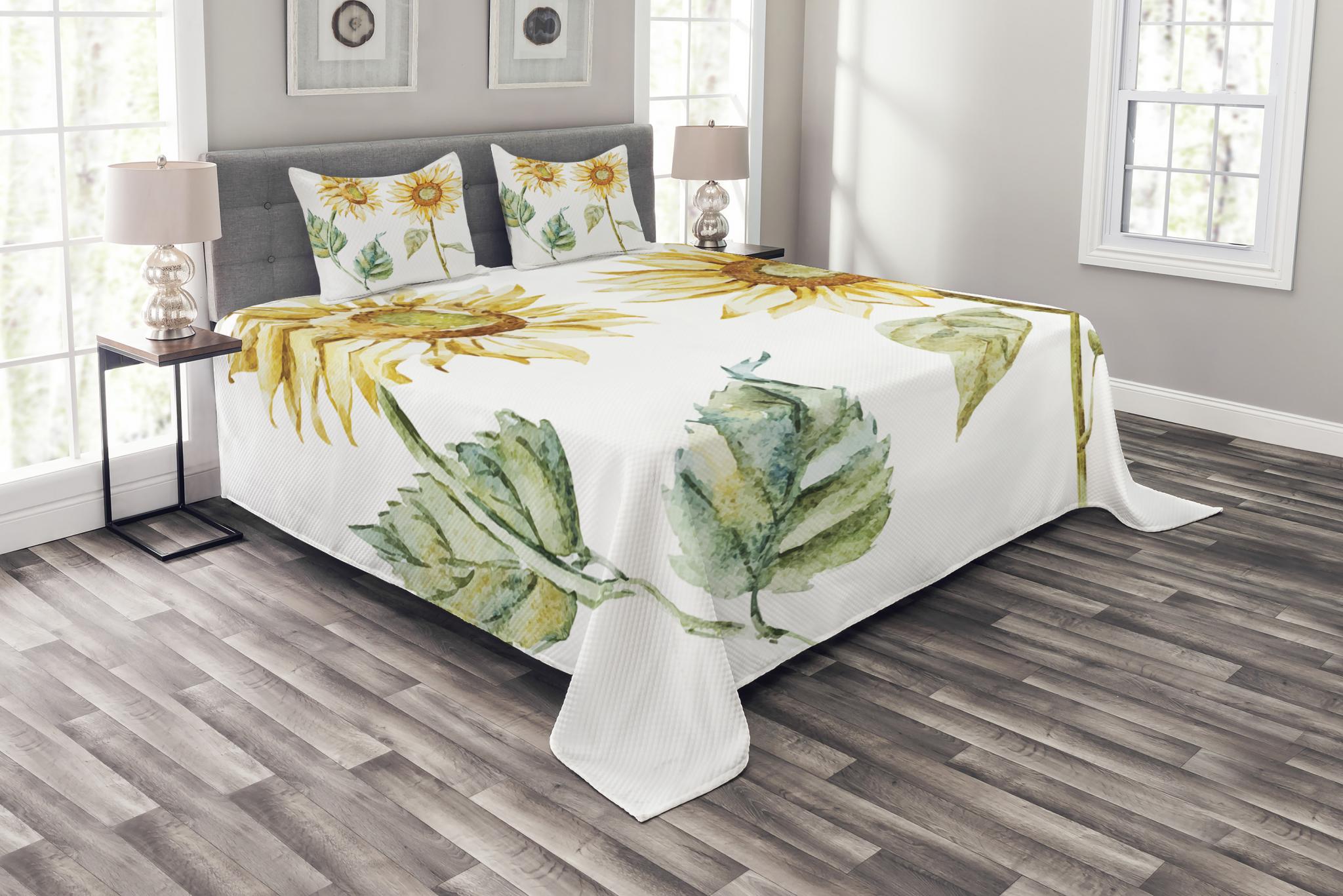 Watercolor Bedspread Set, Alluring Sunflowers Summer Inspired Design