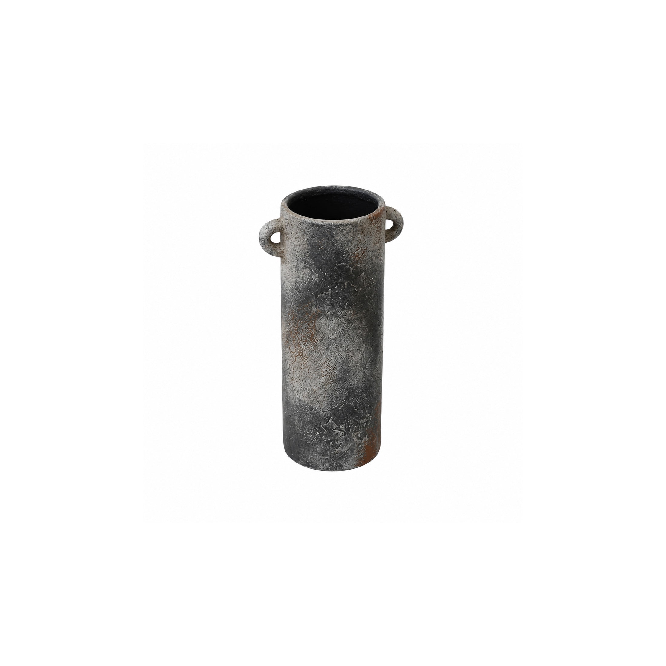 DecMode 9" Antique Style Textured Dark Gray Ceramic Vase with Brown Accents and Handles