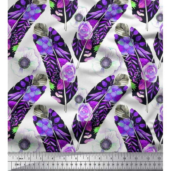 Soimoi Cotton Poplin Fabric Leaves,Anemone & Feather Printed Fabric 1 Yard 42 Inch Wide