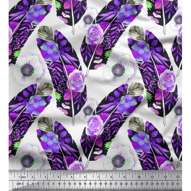 Soimoi Poly Georgette Fabric Leaves,Anemone & Feather Fabric Prints By Yard 52 Inch Wide