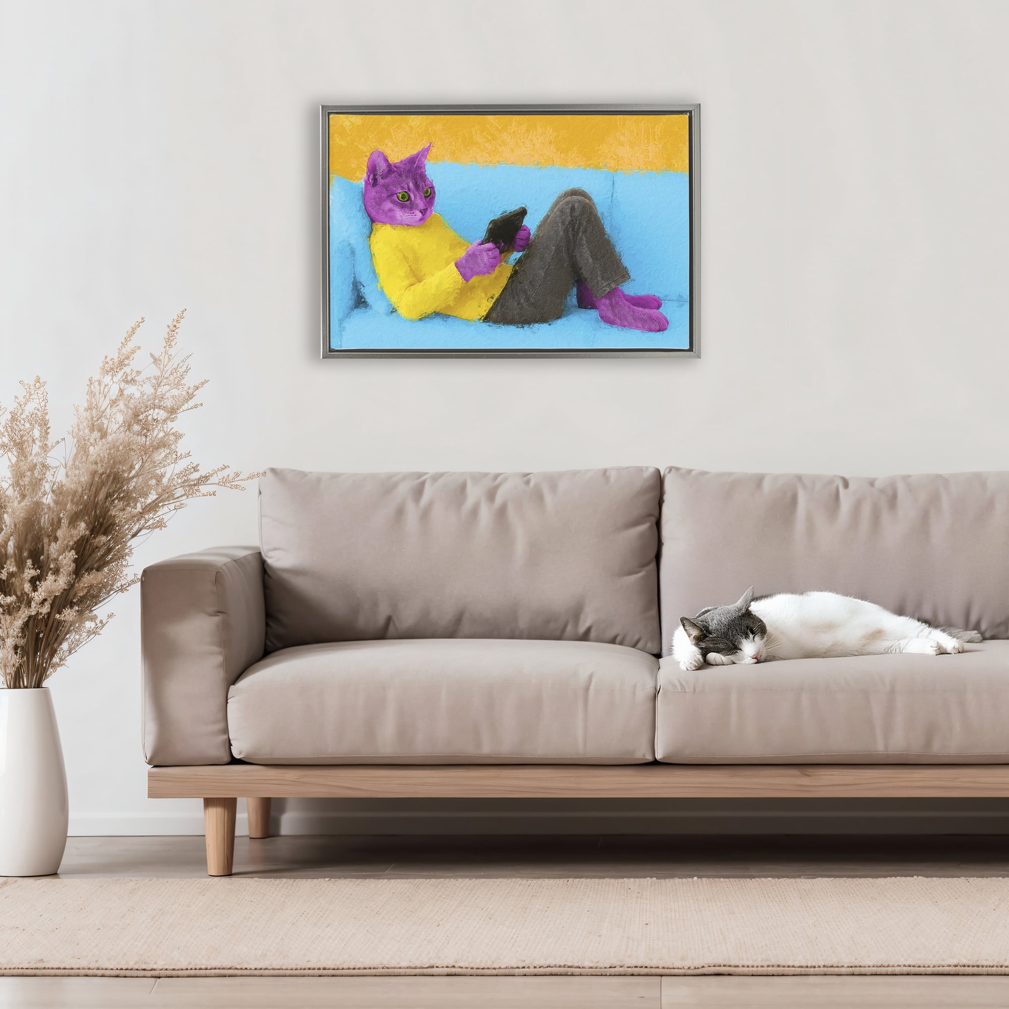 Stupell Industries Vibrant Cat Playing Game Gray Framed Floater Canvas Wall Art, design by Sean Parnell