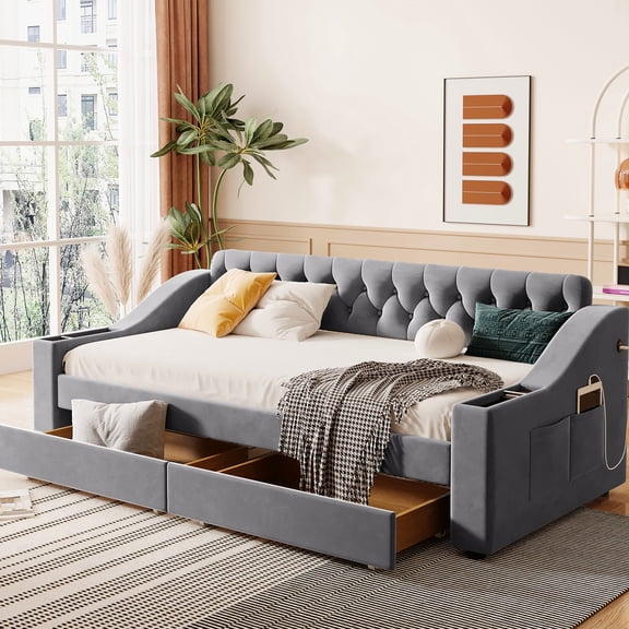 Twin Daybed With Ports And Storage , Gray - Sleeping Option Velvet Luxurious Look