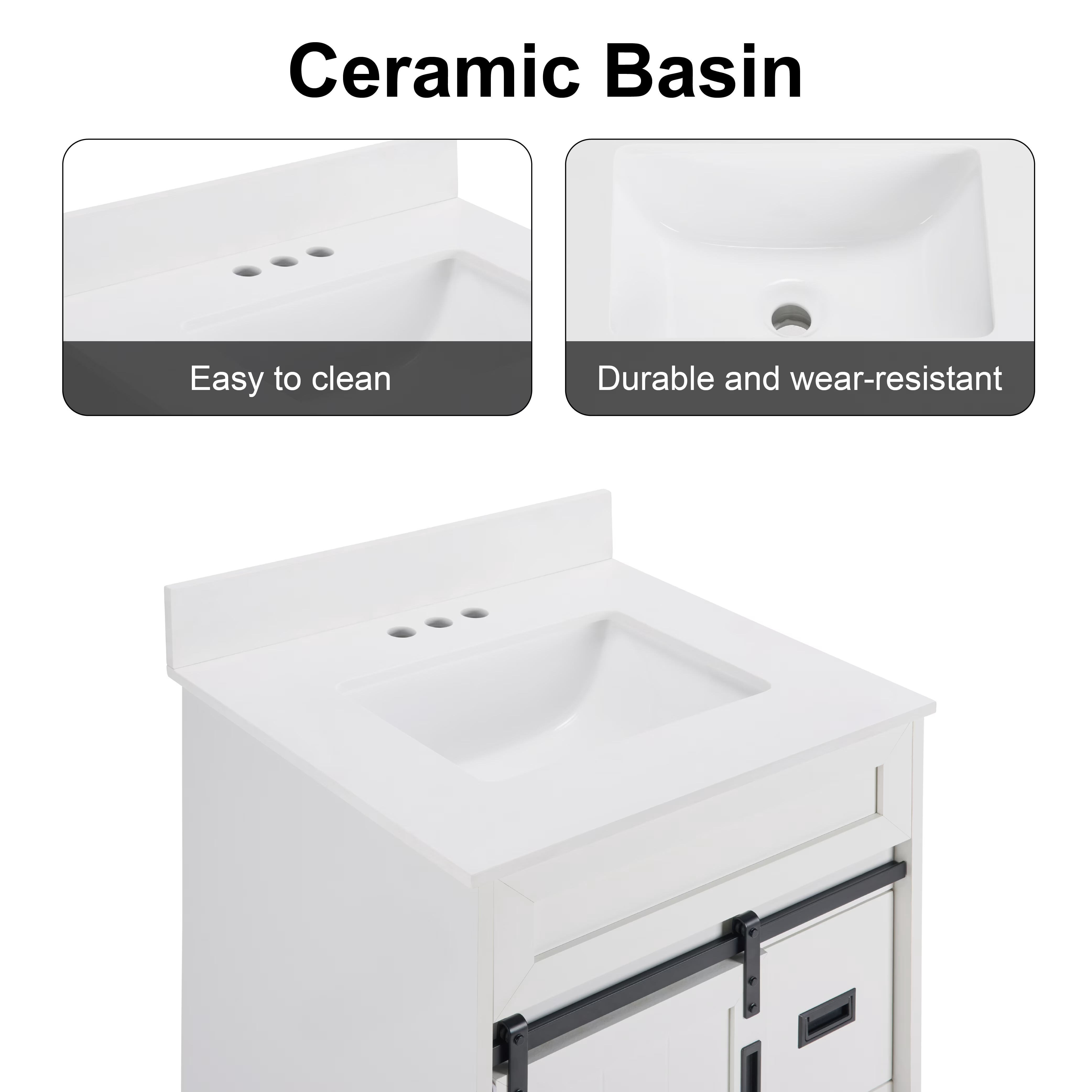 Avobird 24" Farmhouse Bathroom Vanity with Sink, Features a sliding barn door and double drawers, 30"Lx20"Wx34.65"H, White
