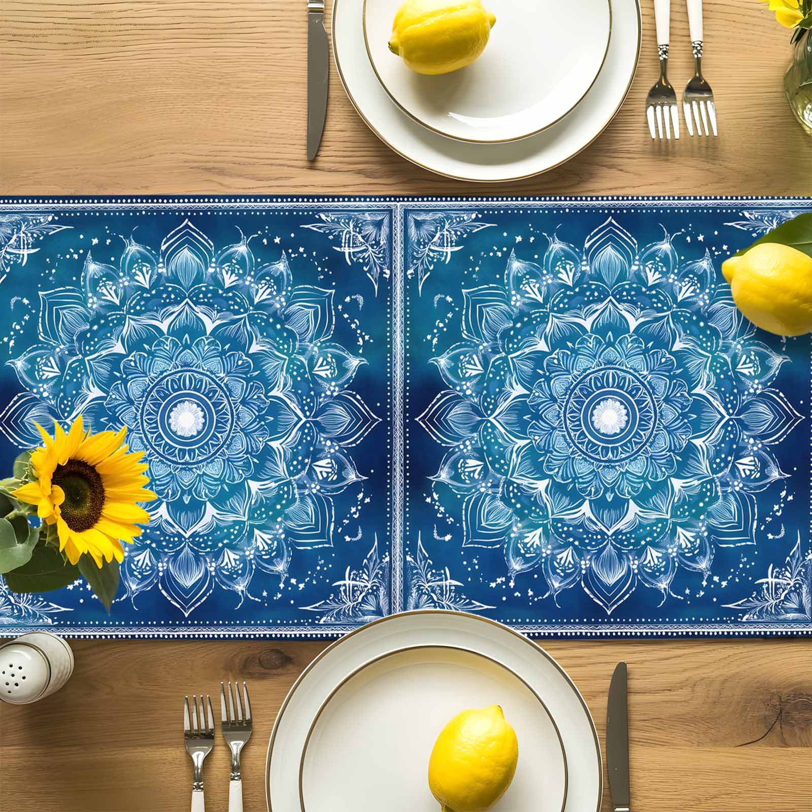 Retro Ethnic Tribal Flower Pattern Table Runner 90 Inches Long, Blue Background Table Runners Tabletop Scarf Kitchen Dining Tables Decoration for Home Party Indoor Outdoor